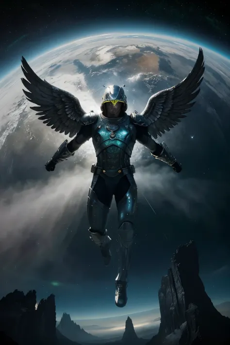 hyper-realistic wide angle cosmic warrior angel, male, harsh descent towards the planet from outer space , celestial dagger, glow with power, gleaming armor glinting in the starlight, planet swirling with blues and greens under a hazy atmosphere, , powerfu...