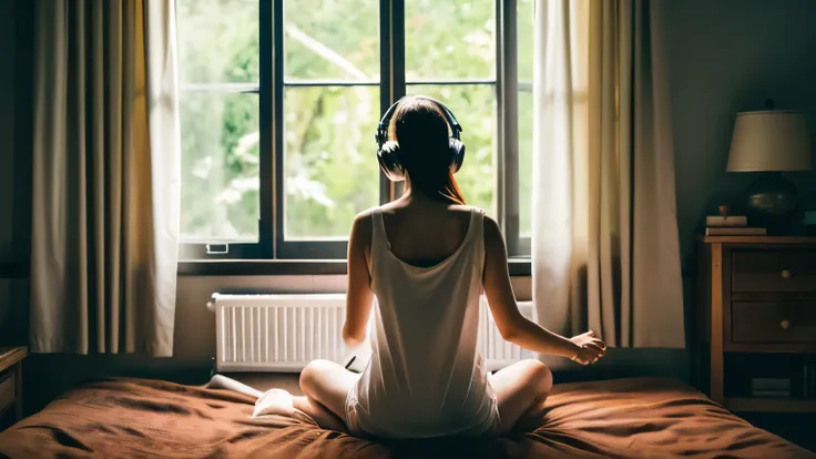 Girl wearing headphones, Meditating, open window, Bedroom, quiet atmosphere, soft sunlight, cozy atmosphere, relaxing music, calm expression, close your eyes, comfortable seats, wooden floor, flower curtains, green plant, Natural wind, Calm atmosphere, sof...