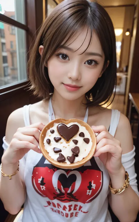 cute 21 year old japanese、Please generate an image of a woman giving a special Sea Art chocolate for Valentine&#39;s Day.。Women are using the technology of the future、Beautiful sea design generated by AI is drawn on chocolate。In her hands are the tools to ...