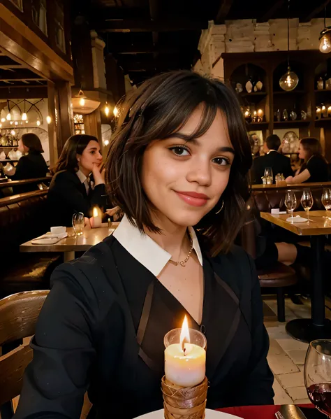 Photo of jortega on a date with the viewer while wearing a black suit, full of charisma, solo, medium length reverse bob haircut, freckles, brown eyes, shiny skin, hyper-detailed, realistic, in a restaurant with the view of Venices river, NO BACKGROUNG PEO...