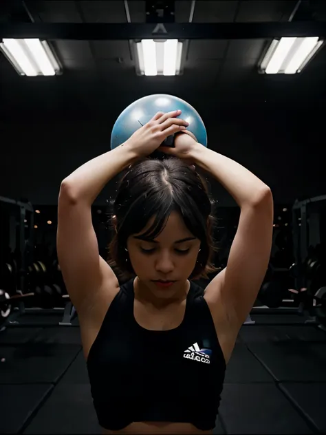 photo of jortega, tying her hair, ultra-detailed, reverse bob haircut, solo, working out, wearing adidas black crop top, looking...