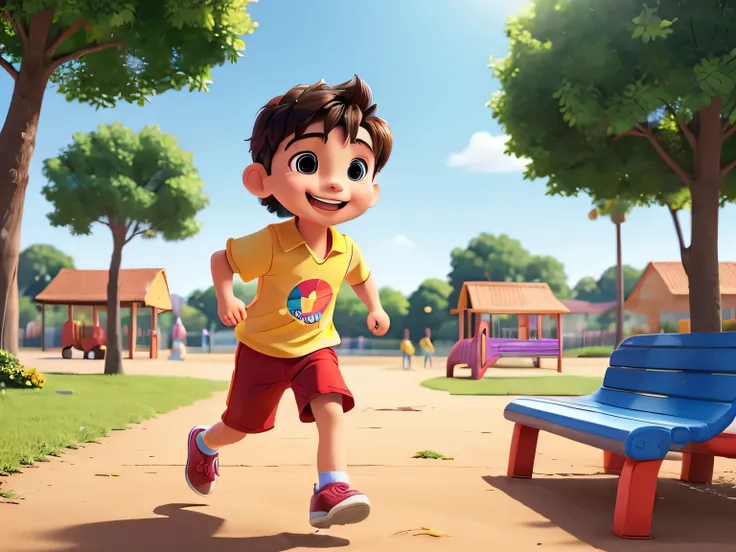 (a boy, energetic running, joyful playing, happy face, vibrant colorful dress),illustration,playground,summer,sunny day,cheerful atmosphere,ultra-vivid colors,sharp focus,realistic lighting,portrait style,bokeh