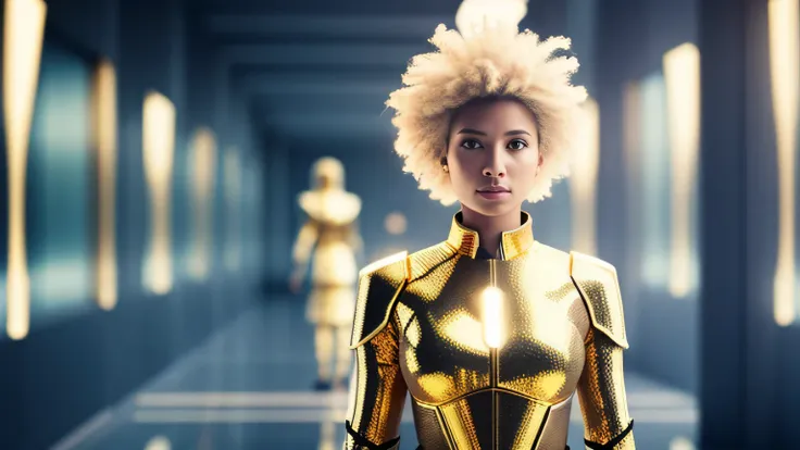 a lady, standing outside, light, invisible people,gold armor dress, rough hair, futuristic style