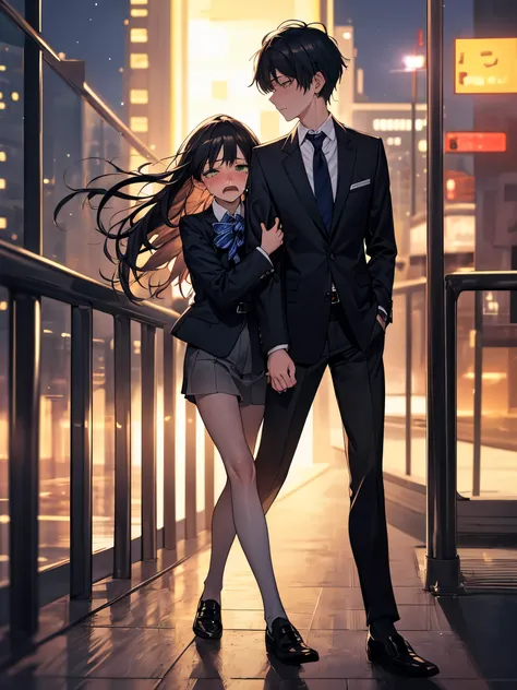 masterpiece, highest quality女の子1名, mature woman, green eyes、blue blazer, Formal shirts, belt, bow, highest quality, hire, detailed face,cityscape at night, detailed background, Depth of written boundary, Bokeh,black long hair、walk together,groan of pain、Fe...