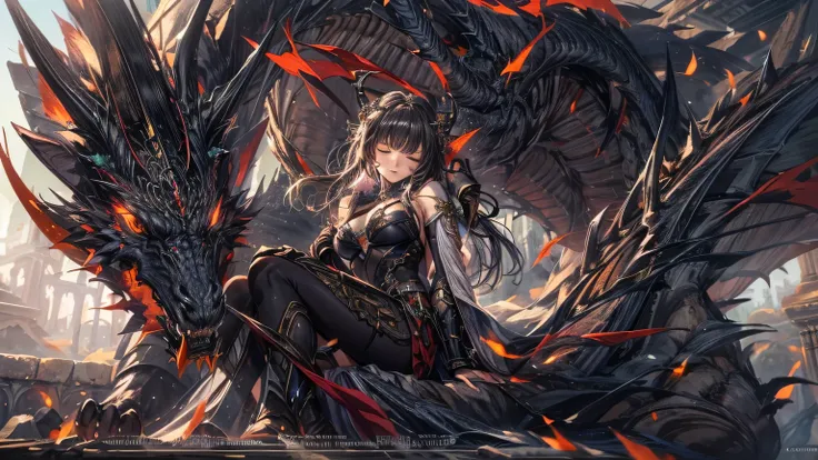 ((very delicate))best picture quality,((sleeping)) Full body of a beautiful gentleman，Full body with buttocks visible, bikini, red light armor, Exquisite dark brown hairstyle.，bright eyes, very detailed details,((sleeping)) ancient dragon with huge black w...