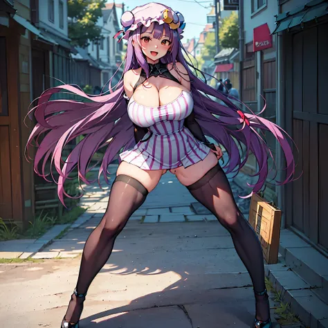 (patchouli toho character), (standing at lakeside forest), outside, (standing with open legs wide:1.6), (arms behind back), (ben...