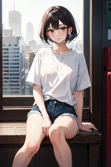 shenedef, wearing plain white shirt, denim shorts, city, absurdres, high res, ultrasharp, 8K, masterpiece, looking at viewer, nsfw