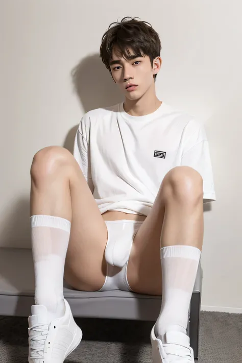 Handsome teenage boy，He only wore white underwear and white socks，His socks have slight sweat stains，His legs are slightly raised and spread apart，There is a huge bulge between the legs，There is a big bulge in the underwear，There are obvious sweat stains i...