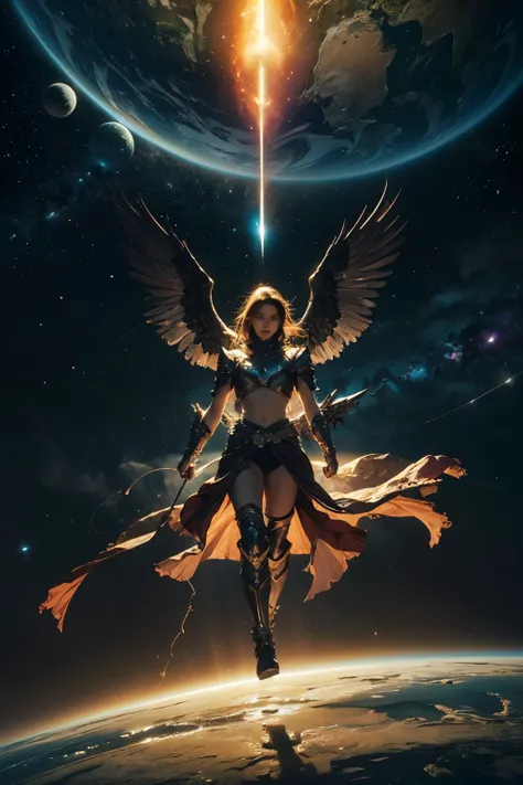 ((best quality)), ((masterpiece)), (detailed), perfect face, cosmic warrior angel, male, very big majestic wings, harsh descent towards the planet from outer space , celestial dagger, glow with power, gleaming armor glinting in the starlight, planet swirli...