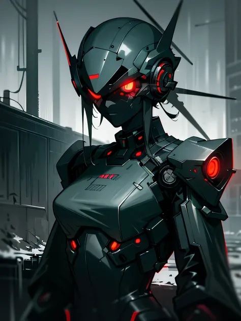 ((dark cyberpunk art)), (dull city atmosphere), dark robot girl, tired and broken, (red luminous eye visor), gray coating, black and gray metallic suit, helmet with sharp metal ears, clothing with rough details and sharp edges, cold light, black gloss and ...