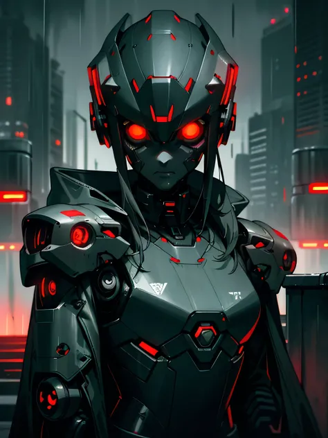 ((dark cyberpunk art)), (dull city atmosphere), Mechanized robot girl, tired and hopeless look, red glowing eyes, (gray coating), black and gray metallic suit, helmet with sharp metal ears, clothing with rough details and sharp edges, cold light, black glo...