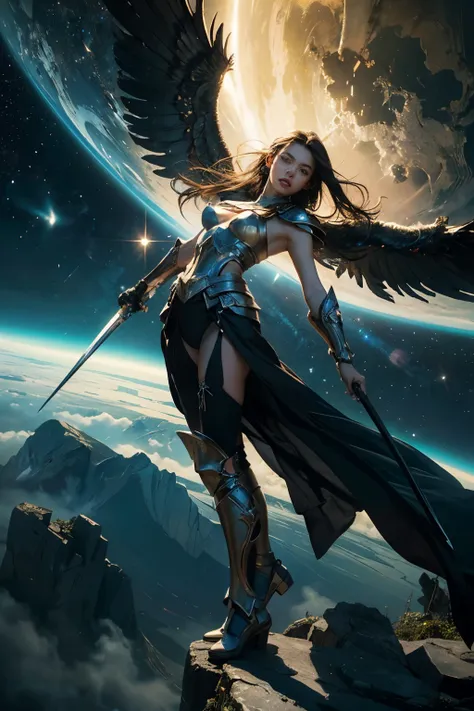 ((best quality)), ((masterpiece)), (detailed), perfect face, cosmic warrior angel holding warrior spear, male, very big majestic wings, harsh descent towards the planet from outer space, celestial dagger, glow with power, gleaming armor glinting in the sta...