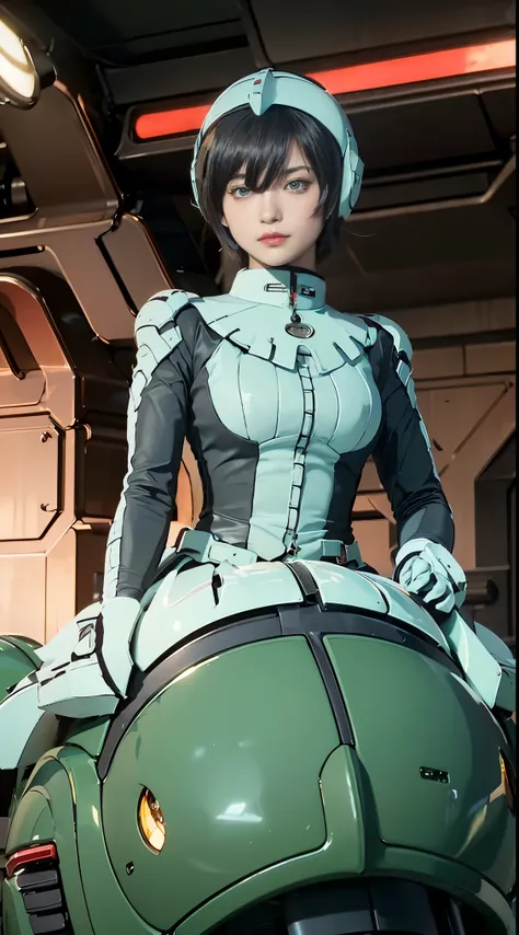 Highest image quality, outstanding details, ultra-high resolution, (realism: 1.4), the best illustration, favor details, highly condensed 1girl, with a delicate and beautiful face, dressed in a black and green mecha, wearing a mecha helmet, holding a direc...