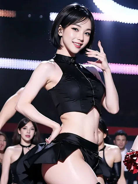 slender woman、small breasts、Short bob with black hair、Sexy Cheerleader Costumes、sexy smile、