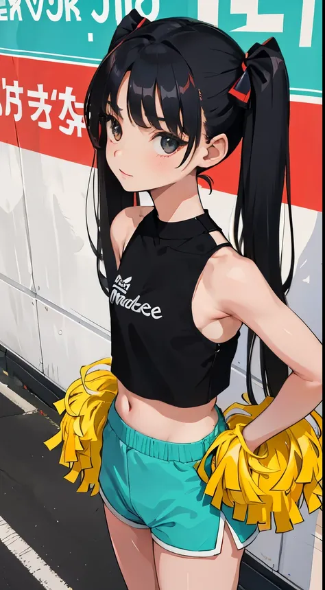 (short cute girl，small young student，young delicate girl）,（masterpiece，Top quality)，Crop Top Look，cheerleader，shorts，long black hair twin tails