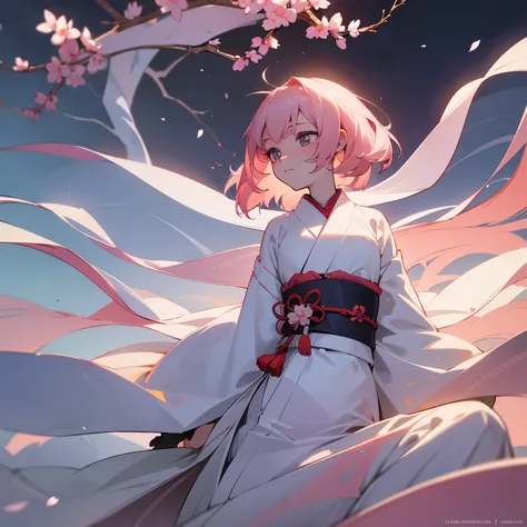 surrealism, very detailed, And high-resolution 16K images of young people, Beautiful female ghost or guardian deity. She has light pink hair and translucent skin, And she wears a traditional Japanese kimono with a small cherry blossom design on the sash. T...