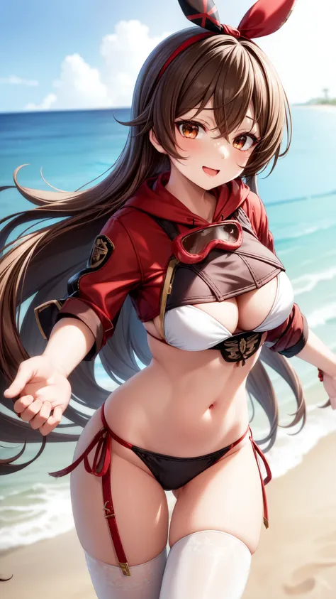 anime, beautiful face, highly detailed face, (2 accurate legs:1), brown detailed eyes, highly detailed beach background, perfect lighting, best body lighting, 1girl, solo, amber, genshin impact, outdoors, (beautiful brown hair:1.2), (beautiful red hair rib...