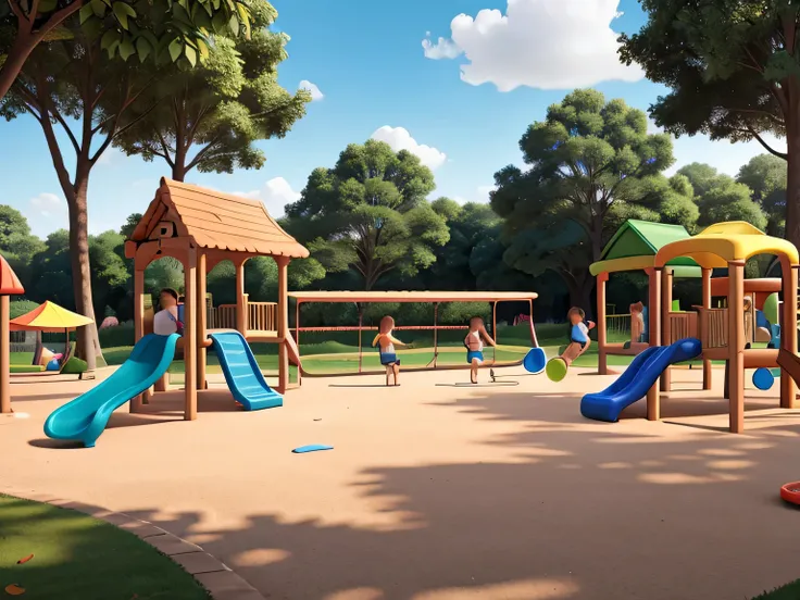 best quality, realistic, children play ground, colorful, joyful, atmosphere, sunny day, playing on swings, sliding down the slide, climbing on the jungle gym, green grass, blue sky, playground equipment, sandpit, playful atmosphere, outdoor activity, vibra...