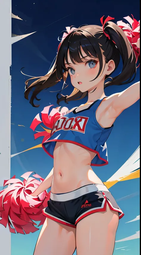 (short cute girl，small young student，young delicate girl）,（masterpiece，Top quality)，Crop Top Look，cheerleader，shorts，long black hair twin tails