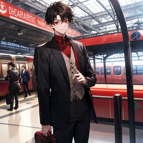 a boy dark hair and red eyes, in the london train station, wearing a classic europian style outfit