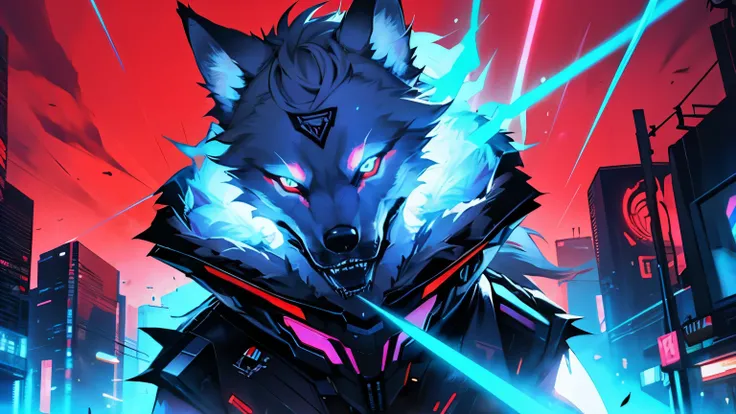 Wolf，front，cyber punk，red background，expressive，laser hologram，monster，Wolf Man，