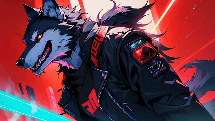 Wolf，front，cyber punk，red background，expressive，laser hologram，monster，Wolf Man，