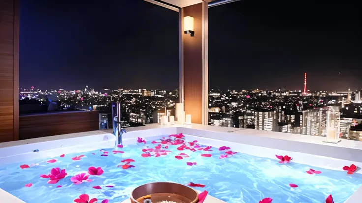 arafed bathtub with flowers in it in a room with a view, spa, set in tokyo rooftop, Luxurious hot springs, amazing view, Neon Jacuzzi, stunning view, gorgeous view, wonderful), Luxurious hot springs, wonderful detail, view, A majestic masterpiece, romantic...