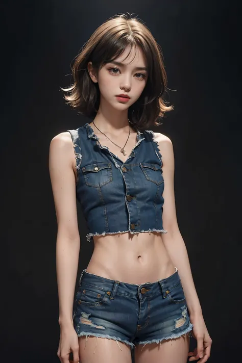 ((medium chest, tomboy, small head)), (well-defined abs: 1.1), (perfect body: 1.1), (short wavy hair: 1.2), russet hair, collar, chain, full body photo, crowded streets, wearing black vest, denim jacket, ((shorts)), (extremely detailed CG 8k wallpaper), (e...