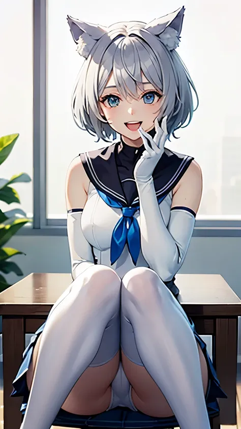 table top　High level image quality　best image quality　8K　 adult woman　whole body　portrait　pure white long gloves（elbow gloves）　pure white pantyhose　sailor suit（sleeveless）　mini skirt（I can see your pants）　white wolf ears　short hair（（shortcut）（gray hair）（pe...