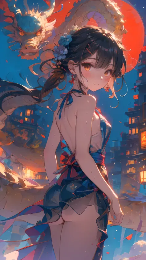 (from behind,back focus:1.4),Dragons and Girls,1 girl,(Meiyu Edelfeldt),Change,camel toe,black hair,brown eyes,seduct smile,alone,big ass,Tail,colored skin, jewelry, skirt,裸露thigh,necklace, Bangs, hair accessories, bare shoulders, side ponyTail, halter nec...