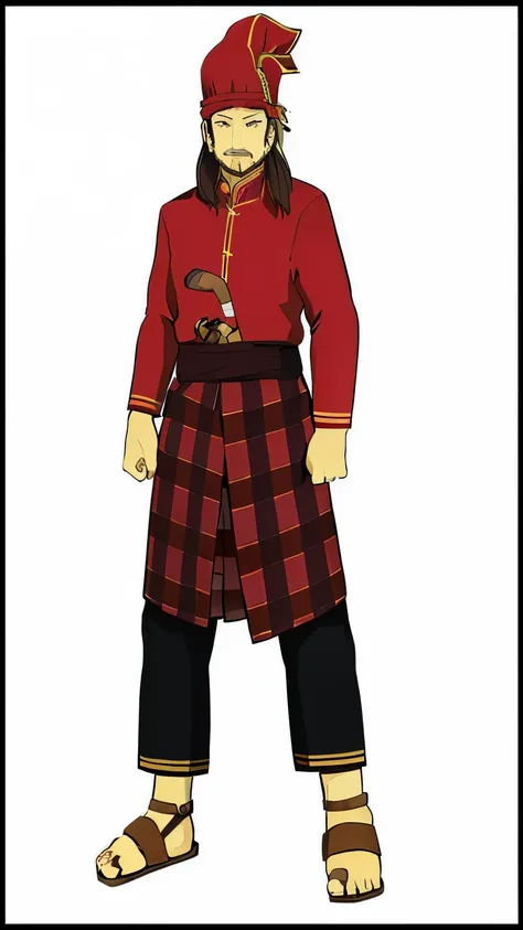 a cartoon of a man in a red shirt and plaid pants, a character based on a haggis, new costume concept design, full body with costume, inspired by Taiyō Matsumoto, inspired by Yang Borun, clothed in old samurai uniform, tai costume, royal attire akira, insp...