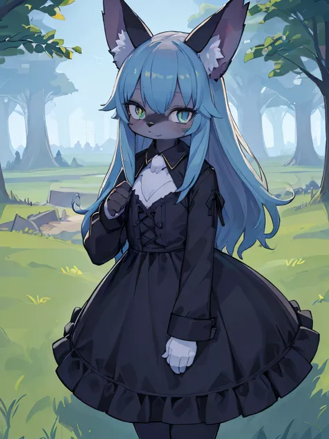 deep Black cat girl, blue_skin, fluffy_skin, furry, Blaues oberteil, Blaue Augen, Niedlich, green meadow as background, aufrecht stehend, Steht aufrecht, hole body, kurze freche haare in blau, blaue kleidung, shirt, beine