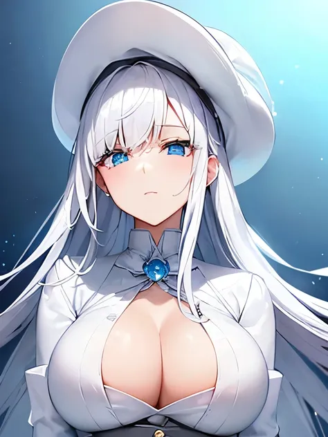 ((white leather gloves,white tuxedo,blue blouse,white tie,white slacks,white silk hat)),long_bronde_hair,beautiful_hair,yellow_eyes,beautiful_eyes,1_beautiful_girl,cute_face,beautiful_face,beautiful,best_quality,good_anatomy