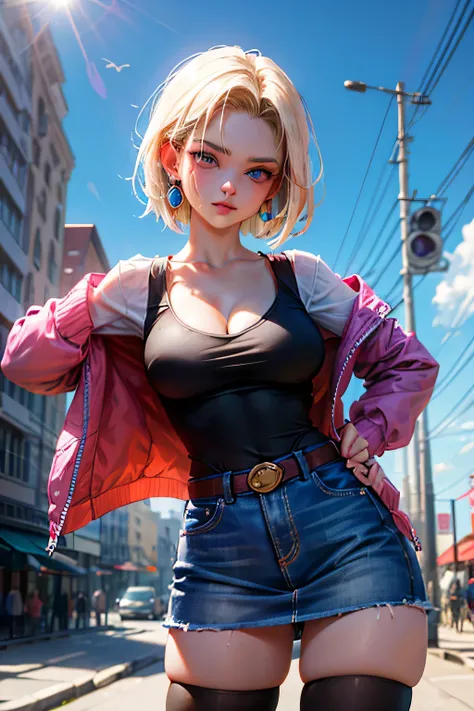 android 18, android 18, blonde hair, blue eyes, eyelash, hoop earrings, short hair, earrings, break belt, black legwear, black shirt, breast pocket, cleavage, clavicle, denim, denim skirt, high-waist skirt, jewelry, long sleeve, pocket, shirt, shirt tucked...