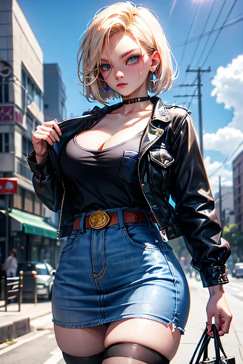 android 18, android 18, blonde hair, blue eyes, eyelash, hoop earrings, short hair, earrings, break belt, black legwear, black shirt, breast pocket, cleavage, clavicle, denim, denim skirt, high-waist skirt, jewelry, long sleeve, pocket, shirt, shirt tucked...