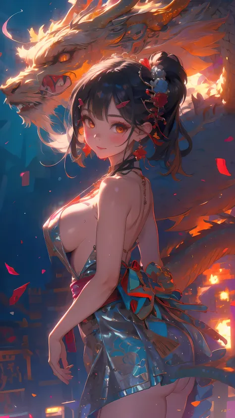 Dragons and Girls,1 girl,(Meiyu Edelfeldt),Change,camel toe,black hair,brown eyes,seduct smile,alone,big ass,Tail,colored skin, jewelry, skirt,裸露thigh,necklace, Bangs, hair accessories, bare shoulders, side ponyTail, halter neck, Deep V neckline, side lock...