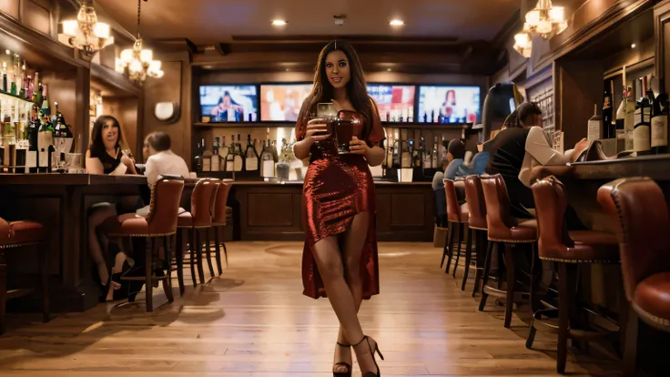 (a lady standing in a bar:1.2), (afro hair), (shot gown), (heel), (african american), (holding a cup of wine), (dancing step), (best quality,4k,8k,highres,masterpiece:1.2), (ultra-detailed), (realistic,photorealistic,photo-realistic:1.37), (HDR), (studio l...