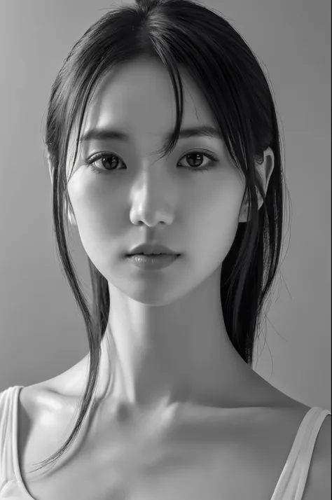 Masterpiece, Best Quality, Photorealsitic, Ultra-detailed, finely detail, high resolution, 8k wallpaper, Professional, high level of detail, ((monochrome photo)), 1girl in, Skinny Japanese woman, ((Facing the front)), ((Only lips are in Red)), Detailed cla...