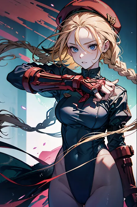 masterpiece, best quality, highres, 1girl, cammy white, twin braids, long hair, blonde hair, antenna hair, beret, (red headwear:1.3), blue eyes, scar on cheek, green leotard, large breasts, sleeveless, red gloves, fingerless gloves, camouflage, cowboy shot...