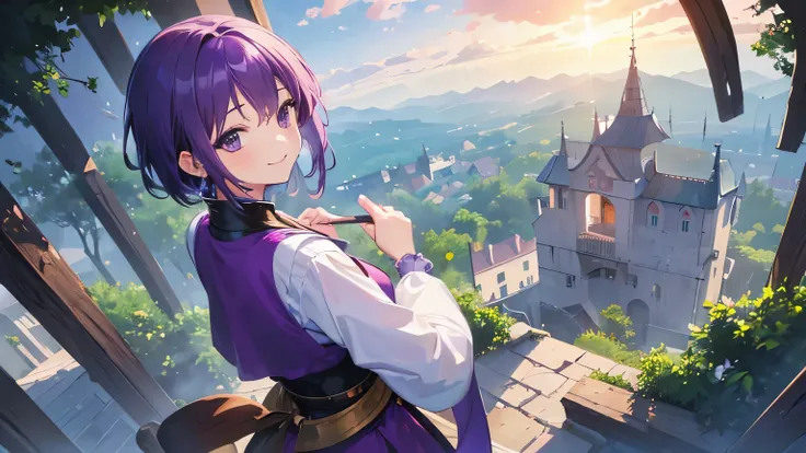 (T Masterpiece，4k wallpaper，best quality))、((girl１people))、(solo)、Brilliant，(purple hair)、(shortcut:1.3)、smile、middle ages、village、goddess