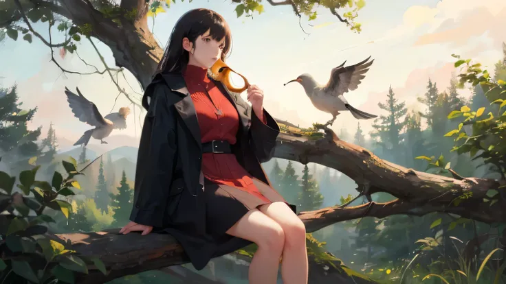 a lady, sitting on tree banches,forest, holding a jitter, horn hair, flying birds, wool coat dress 