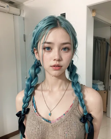 arafed woman with blue hair and a necklace with a necklace, pigtails hairstyle, sky blue straight hair, hair blue two long braids, two pigtails hairstyle, ulzzang, long braided blue hair, two long braids blue, twintails hairstyle, blue braided hair, with l...