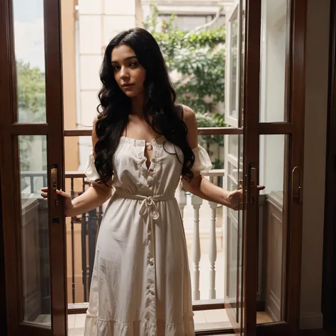 Lady standing in front of a big window with long curly black hair and wearing long back dress and holding a red wine in her hand