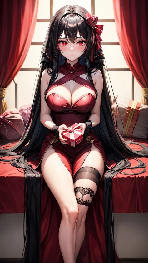 ((holding gift valentine chocolate)), frontal (solo black hair long straight hair femdom girl, 17 yo, bigboobs:1.5, detailed red eyes, blushing), in a nighat dress, show the valentine chocolates, love to, perfect anatomy, break, masterpiece:1.2, best quali...