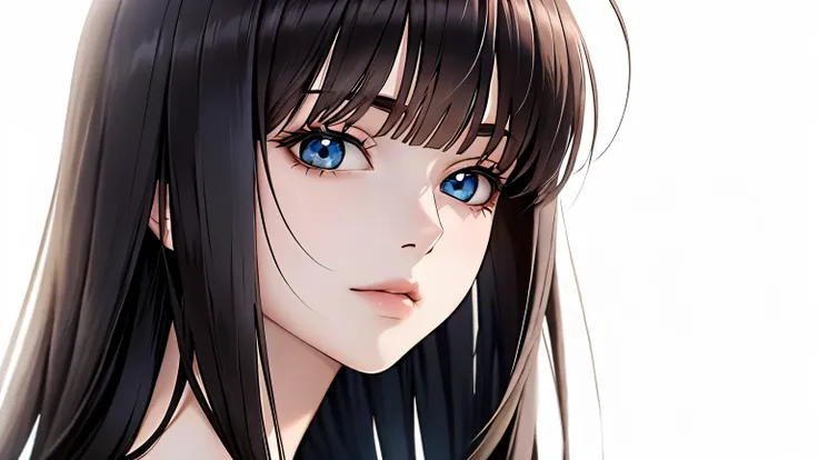 upper body shot, noc background, white background, front view, #semi-realistic, #anime style, #woman, #photorealistic, a girl with full bangs and very long straight black hair,her cheeks are slightly glowing as if she got a fever, straight look at viewer