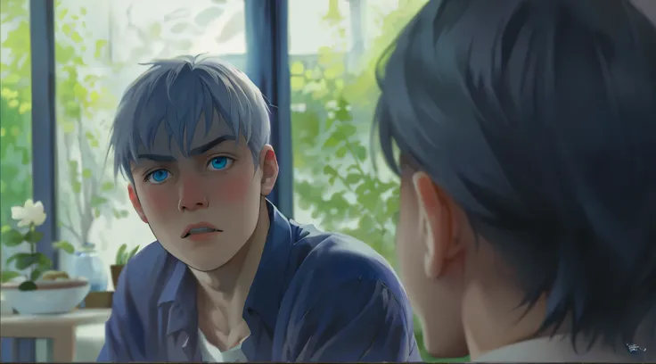 there is a 15-year-old man, silver hair, blue eyes, he is asking something, he is a little surprised.