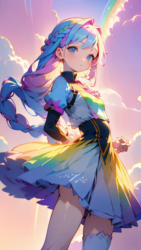 one girl、１２talent、Magical girl、anatomy、french braid、anime style、small breasts、cute face、cute clothes、combat uniform、、(((The background is pastel colored clouds:1.5、rainbow、blurred background)))、highest quality、High resolution、High resolution、cinematic ligh...