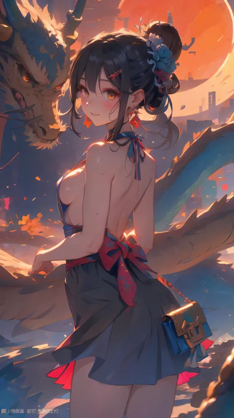 (from behind,back focus),Dragon and girl,1girl,(Miyu Edelfelt),loli,cameltoe,black hair,brown eyes,seductive smile,solo,nsfw,tail,colored skin,breasts, jewelry, dress, cleavage, necklace, bangs, hair ornament, bare shoulders, side ponytail, halterneck, plu...