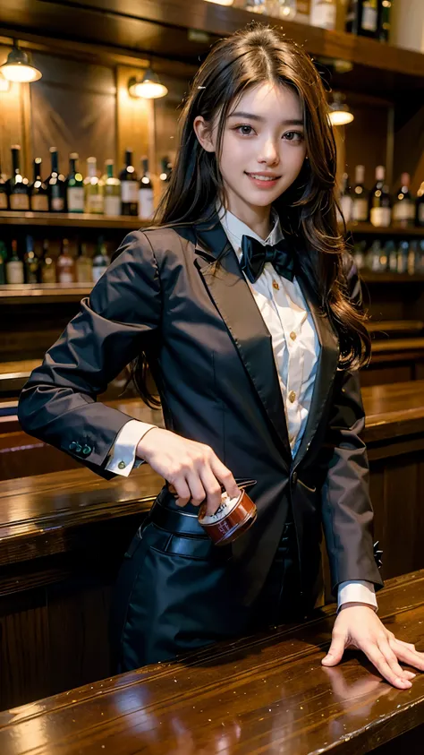 highest quality, masterpiece, ultra high resolution, (realistic:1.3), (Over the bar counterの肖像画) RAW photo, 1 girl, 22 years old,slim body,((tuxedo with bow tie)),((Over the bar counter)),((Bar Lounge)),((Bartender costumes)),(long hair),masterpiece, reali...