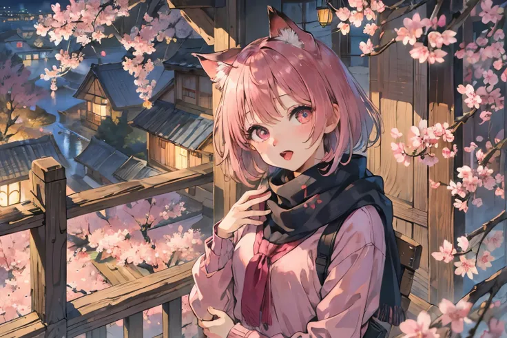 (masterpiece, highest quality:1.2), Very beautiful and shining eyes、shining eyes、stinky eyes、1 girl、small breasts、big mouth、small breasts、Cat ear、pink short hair、scarf、Cherry blossoms at night